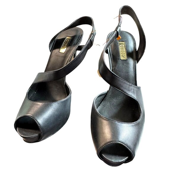 GUESS Hilarie Black Leather Peep Toe Sz 9 Heels - Picture 1 of 8